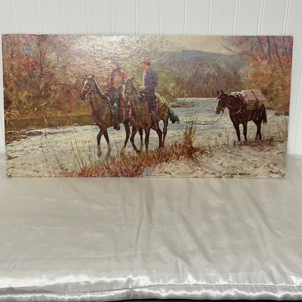 Vintage Donald Teague Western Lithograph Print 22.5x12 Fair Textured Board Art